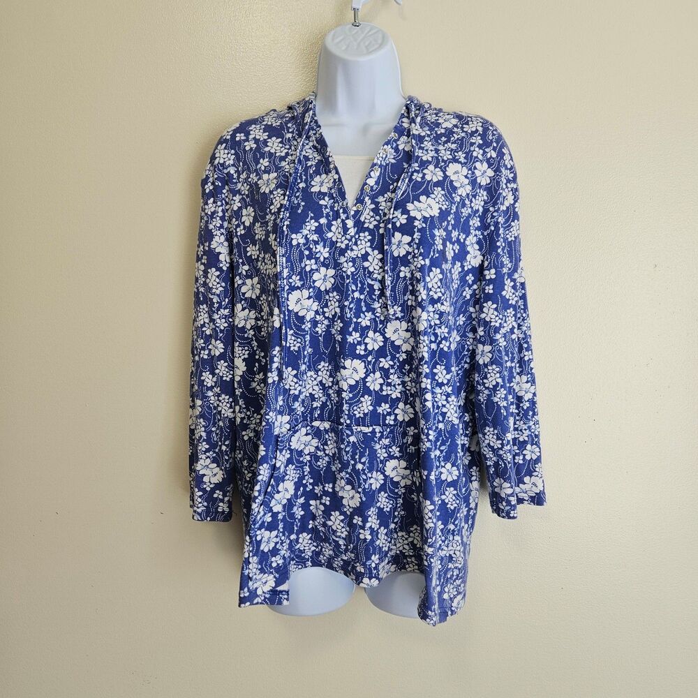 Basic Editions Blue Floral Hoodie Vneck Drawstring Top Garden Women Plus XL